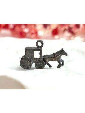 Horse & Carriage Figural Tiny Vintage Silver Toned Pendant | Charm